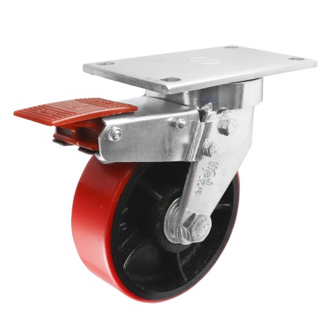 EASYROLL RED URETHANE/CI SWIVEL PLATE W/BIN BRAKE CASTOR 150MM